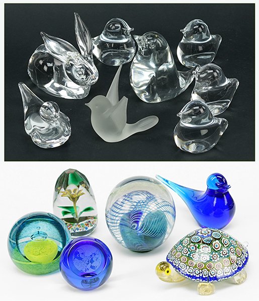 A Collection of Glass Paperweights and Animal Figures.: A Collection of Glass Paperweights and Animal Figures. Comprising four paperweights, a turtle form, five Daum France birds, a Daum France rabbit, and three unmarked birds Rabbit: 4" x 4.25" x 2"