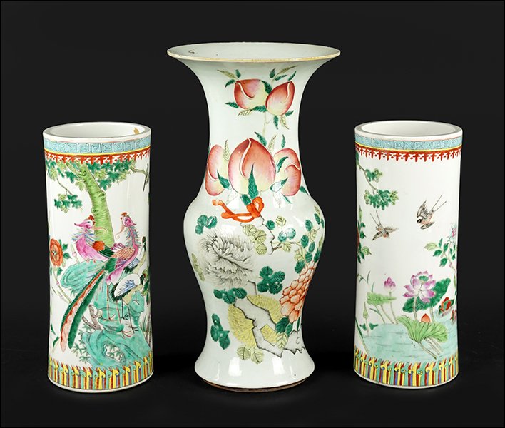 A Pair of Chinese Enameled Porcelain Vases.: A Pair of Chinese Enameled Porcelain Vases. Together with another Chinese enameled porcelain vase. All drilled for use as lamps Taller: 14.75"