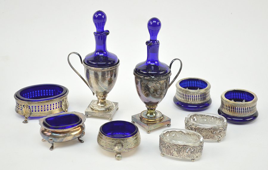 A Collection of Silverplate Salt Cellars.: A Collection of Silverplate Salt Cellars. Together with a pair of silverplate cruet bottles