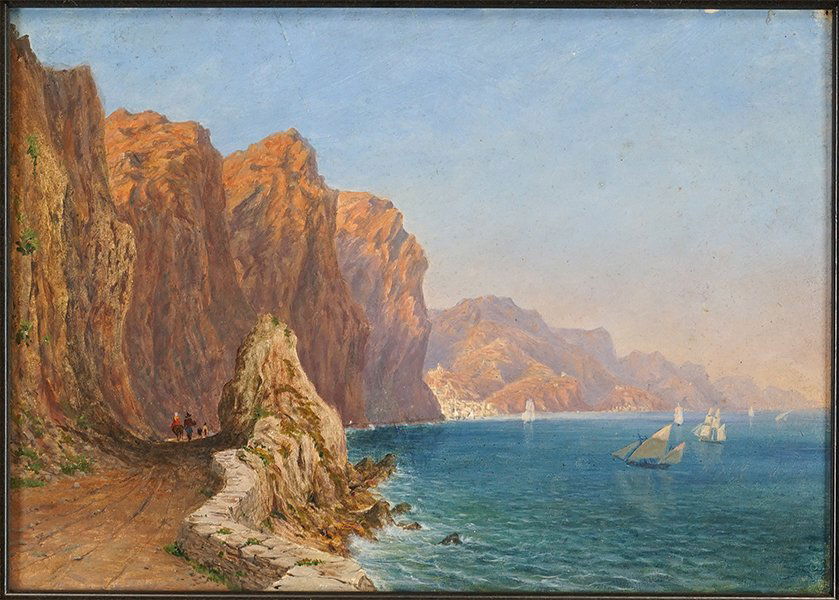 Attributed to Gaetano Esposito (Italian, 1858-1911) The: Attributed to Gaetano Esposito (Italian, 1858-1911) The Road to Positano. Oil on paper Sight: 10.5" x 15" Frame: 14.75" x 19.25"