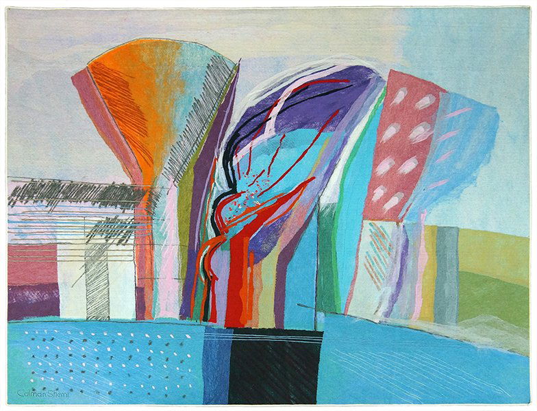 Calman Shemi (Argentinean/Israeli, B. 1939) Pretty: Calman Shemi (Argentinean/Israeli, B. 1939) Pretty Corner #17. Painted wool tapestry wall hanging with applied rope decoration. Signed in the lower left corner. Additionally signed and titled en verso