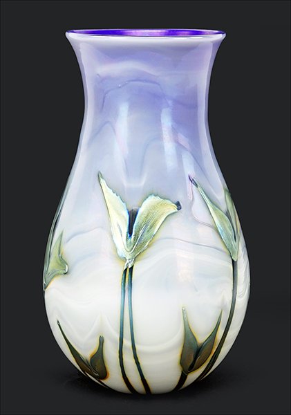 Charles Lotton (American, B. 1935) A Glass Vase.: Charles Lotton (American, B. 1935) A Glass Vase. Solid blue interior with a white overlay and metallic flowers. Underside is signed and dated "Charles Lotton 1980" Height: 8.25"