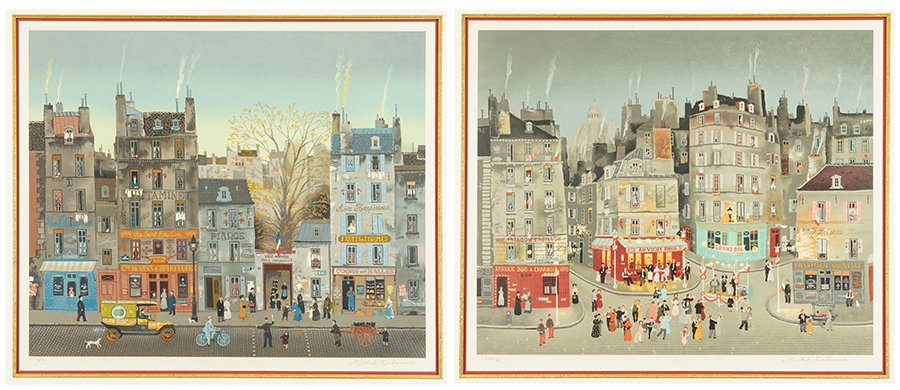 Michel Delacroix (French, B. 1933) Two Paris Street: Michel Delacroix (French, B. 1933) Two Paris Street Scenes. Color lithographs, each pencil signed lower right and numbered from editions of 150 Each: 19.5" x 23.5" Frames: 32.35" x 35.75"