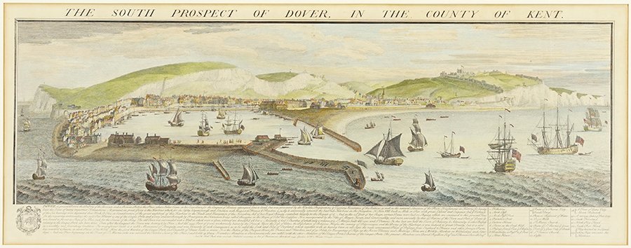 A Hand Colored Engraving of Dover Harbor.: A Hand Colored Engraving of Dover Harbor. Early 18th Century engraving depicts the harbor at Dover in Kent Sight: 12" x 33" Frame: 21" x 41"
