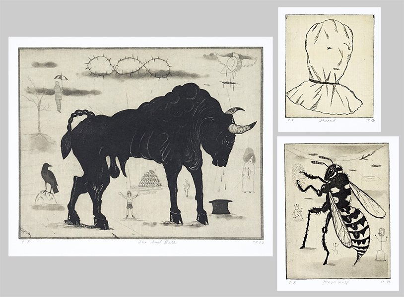 Tony Fitzpatrick (American, B. 1958) Three Etchings.: Tony Fitzpatrick (American, B. 1958) Three Etchings. Including 'Magic Wasp', 'The Sad Bull', and 'Shroud'. Each pencil signed lower right, dated '92, titled, and inscribed 'P.P.', all unframed Largest