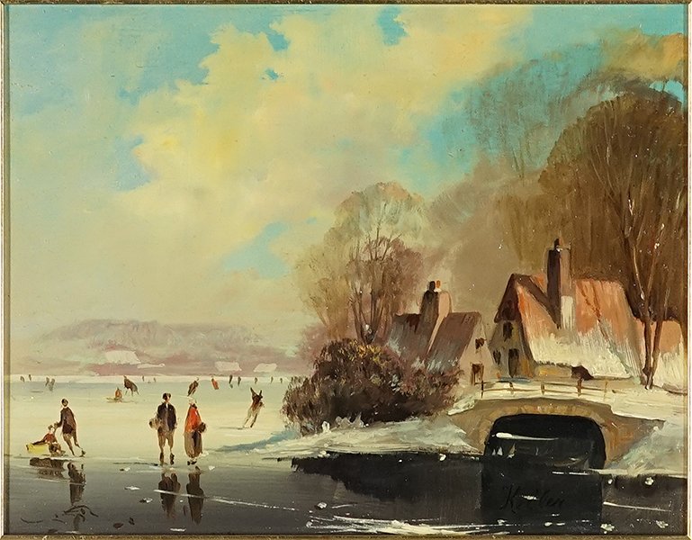 Keller (20th Century) Winterscape with Ice Skaters.: Keller (20th Century) Winterscape with Ice Skaters. Oil on board, signed lower right Board: 8" x 10" Frame: 15.5" x 17.5"