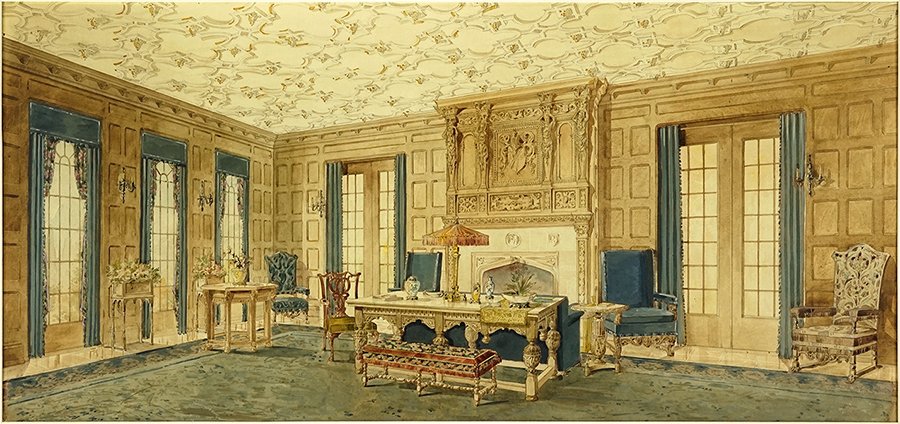 Artist Unknown (American, 20th Century) Architectural: Artist Unknown (American, 20th Century) Architectural Rendering: English Interior. Watercolor, circa 1920's 17.75" x 37.5" Frame: 30" x 50"