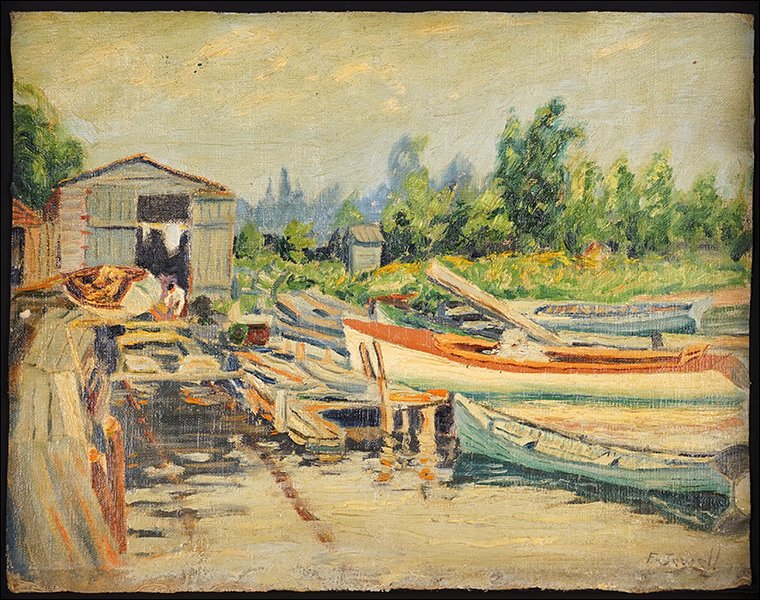 Foster Jewell (American, 1893-1984) Les Kelly's Dock;: Foster Jewell (American, 1893-1984) Les Kelly's Dock; Onekama, Michigan. Oil on canvas. Signed "F. Jewell" in lower right corner. Unstretched and unframed Canvas: 14" x 18"