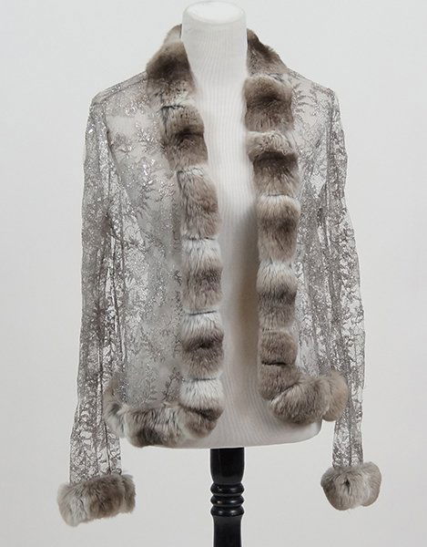 A Metallic Lace Bill Blass for Neiman Marcus Cardigan.: A Metallic Lace Bill Blass for Neiman Marcus Cardigan. Open front with chinchilla fur trim and cuffs Size 12