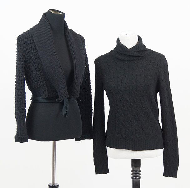 A Jean Paul Gaultier Maille Open Shawl Collar Cardigan.: A Jean Paul Gaultier Maille Open Shawl Collar Cardigan. Cropped with wraparound tie closure. Together with a black Ralph Lauren long sleeved sweater (Large) Medium