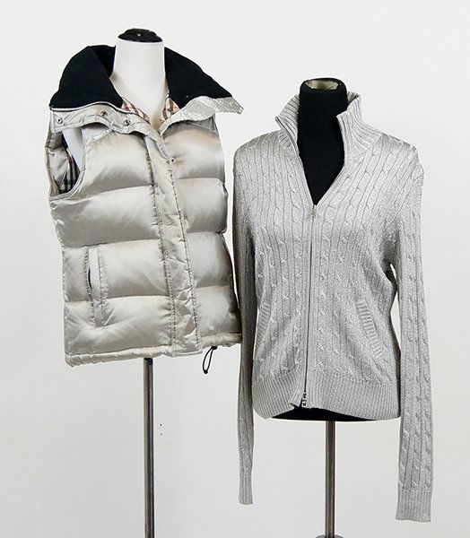 A Burberry London Silver Puffer Vest.: A Burberry London Silver Puffer Vest. Together with a Ralph Lauren Black Label metallic silver zip up Large