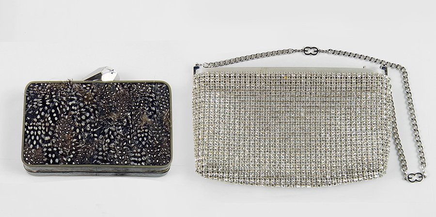 A Kotur Leather and Feather Clutch.: A Kotur Leather and Feather Clutch. Together with an Escada white rhinestone evening bag Kotur: 3.75" x 6" x 1"