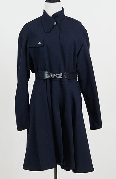 A Thierry Mugler Overcoat.: A Thierry Mugler Overcoat. Navy pleated with accompanying belt 44