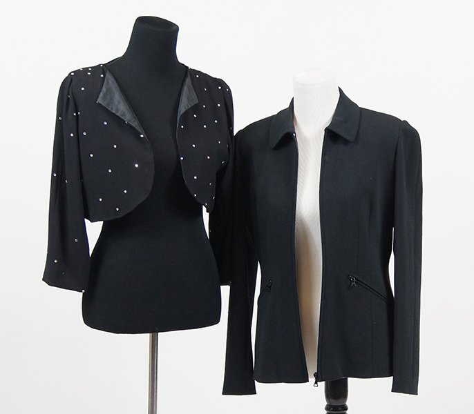 A Prada Blazer.: A Prada Blazer. With front and pocket zippers. Together with a cropped black crepe jacket with rhinestone decoration Prada: Large