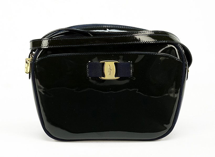 A Ferragamo Hunter Green Patent Leather Shoulder Bag. (1 of 1)