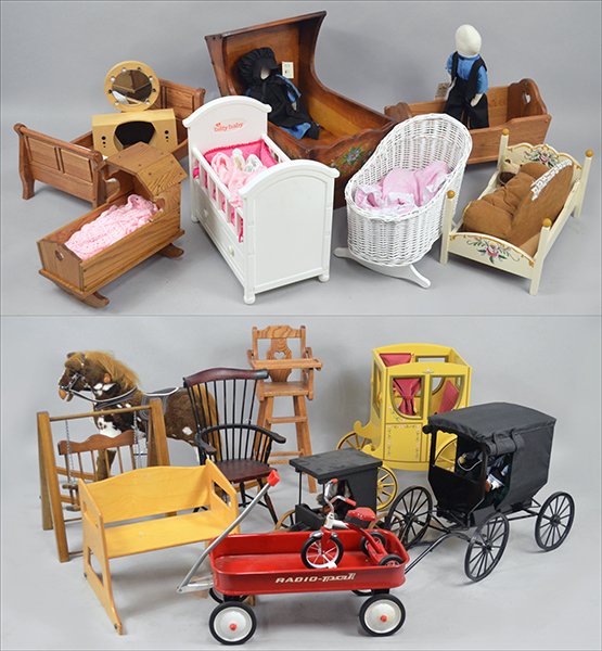 Group of Doll Display Furniture.: Group of Doll Display Furniture. Consisting of chairs, vanity, wagon, carriages, bicycle, cradle, bench and other doll display furniture