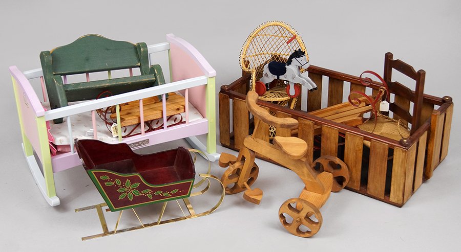 Group of Doll Display Furniture.: Group of Doll Display Furniture. Consisting of cradles, chairs, beds, swing, tables, a large group