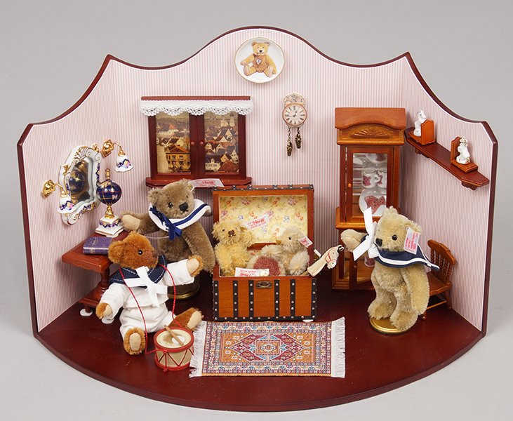 Steiff Playroom Bears.: Steiff Playroom Bears. Featuring a decorated room with Steiff bears and toys 14" x 8" x 7"