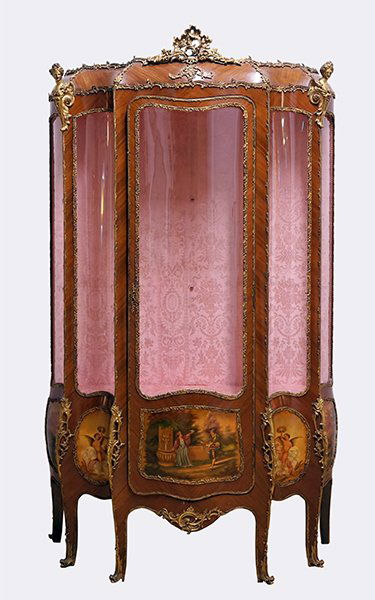 A Spanish Vernis Martin Style Vitrine.: A Spanish Vernis Martin Style Vitrine. Bearing ormolu mountings throughout, with figural adornments at the top right and left, curved glass panels, and handpainted medallions depicting landscapes, che