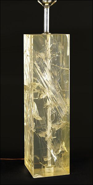 A Fractured Resin Table Lamp.: A Fractured Resin Table Lamp. Rectangular lamp with interior fractured design. Attributed to Pierre Giraudon. Unmarked 20.25" x 5.25" x 5.25"