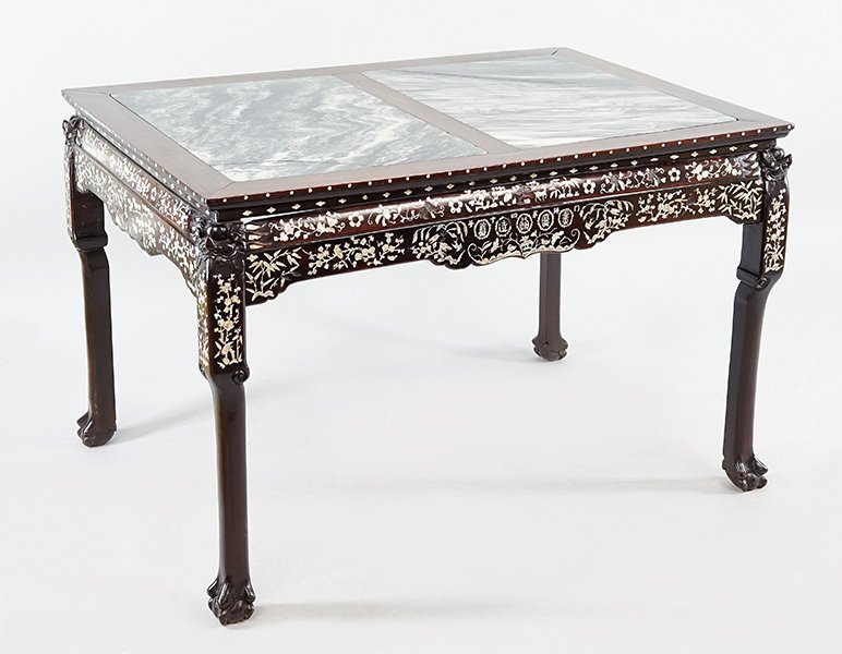 A Chinese Teakwood Altar Table.: A Chinese Teakwood Altar Table. Table is inlaid throughout with mother-of-pearl decoration. Top contains two inset stone panels (both cracked) 31" x 48" x 34"