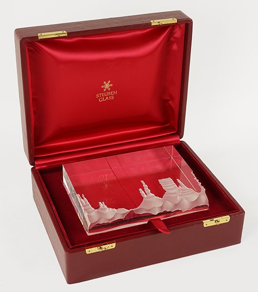 Bernard X. Wolff (20th Century) Monument Valley.: Bernard X. Wolff (20th Century) Monument Valley. Steuben etched and cut clear crystal sculpture of locations in Monument Valley. Signed "Steuben" along the side. With original Steuben box 6.1" x 8.75"