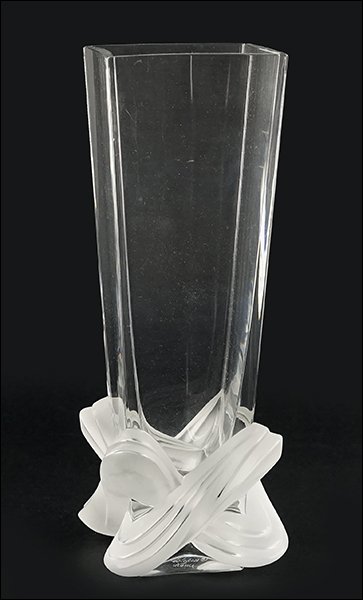 A Lalique Clear and Frosted Glass 'Lucca' Vase.: A Lalique Clear and Frosted Glass 'Lucca' Vase. 1230300. Side of base is etched "Lalique, France" 10.75" x 3.5" x 3.5"