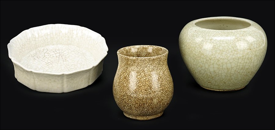 Three Chinese Crackle Glaze Porcelain Articles.: Three Chinese Crackle Glaze Porcelain Articles. Comprising a vase, a bowl, and a brush washer Tallest: 4"
