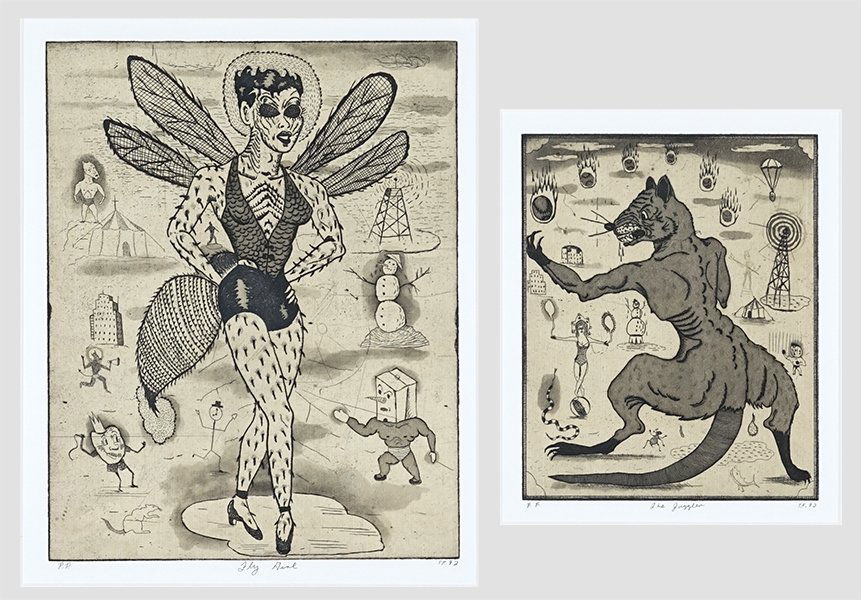 Tony Fitzpatrick (American, B. 1958) Two Works.: Tony Fitzpatrick (American, B. 1958) Two Works. 'Fly Girl' and 'Juggler', both etchings with aquatint, each initialed in pencil lower right, dated 1992, titled, and inscribed 'P.P' Larger: 13.75" x 10