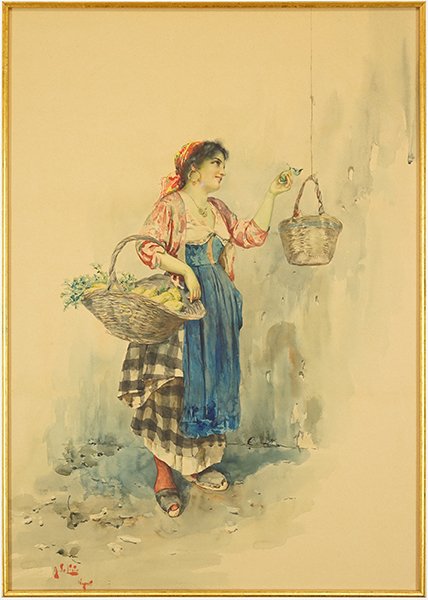 Analdo de Lisio (Italian, 1869-1949) The Lemon Seller.: Analdo de Lisio (Italian, 1869-1949) The Lemon Seller. Watercolor, signed lower left and inscribed Napoli Sight: 27" x 19" Frame: 35.25" x 27.25"