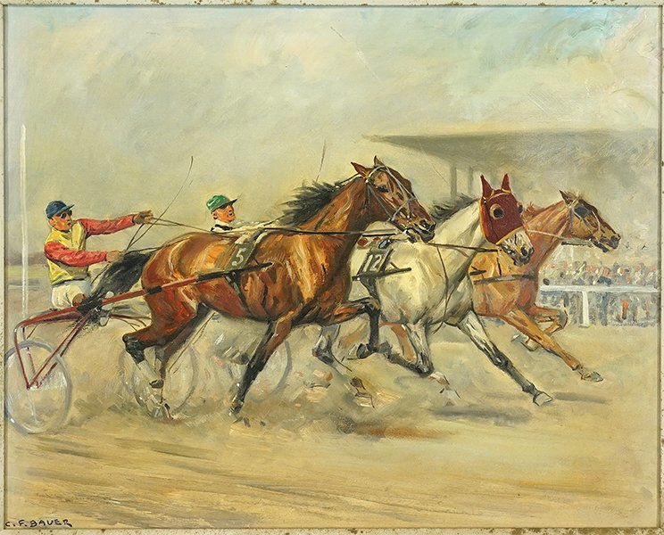 Carl Franz Bauer (Austrian, 1879-1954) Sulky Race.: Carl Franz Bauer (Austrian, 1879-1954) Sulky Race. Oil on canvas, signed lower right 16" x 20" Frame: 22.75" x 26.75"