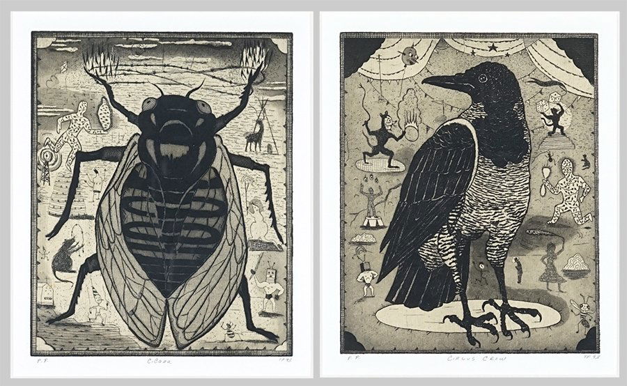Tony Fitzpatrick (American, B. 1958) Two Works.: Tony Fitzpatrick (American, B. 1958) Two Works. 'Circus Crow' and 'Cicada', both etchings with aquatint, each initialed in pencil lower right, dated 1993, titled, and inscribed 'P.P.' Each: 9.75" x 7.