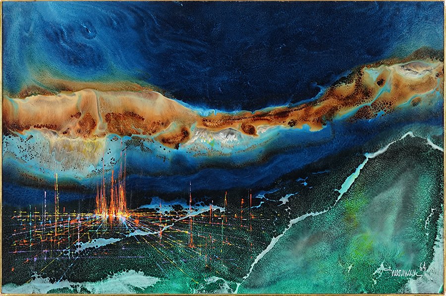 Leonardo Nierman (Mexican, B. 1932) City in the Valley.: Leonardo Nierman (Mexican, B. 1932) City in the Valley. Acrylic on board. Signed lower right and dated 64. Provenance: Acquired directly from the artist by the present consignor Board: 15.5" x 23.5" F