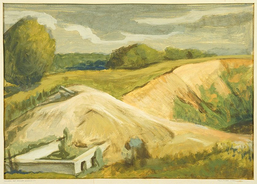 Attributed to John Steuart Curry (American, 1897-1946): Attributed to John Steuart Curry (American, 1897-1946) Gravel Pit. Gouache, dated June 1937 en verso and inscribed 'Federal Art Project, Wis., W.P.A.', unframed 17.25" x 23"