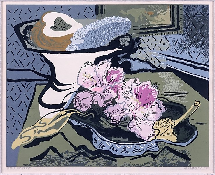 Guy MacCoy (American, 1904-1981) Purple Flowers.: Guy MacCoy (American, 1904-1981) Purple Flowers. Color serigraph, pencil signed lower right, dated 1945, and titled 10.75" x 13.5" Frame: 20" x 22"