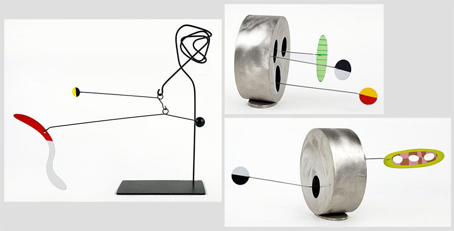 Brad Howe (American, B. 1959) Three Mobiles.: Brad Howe (American, B. 1959) Three Mobiles. Welded and painted metal, each signed on the base, two numbered 22/50, one unique, all dated to 1997 Height: 13.25"