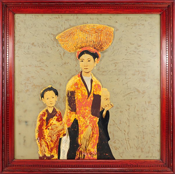 Bui Huu Hung (Vietnamese, B. 1957) Untitled Woman with: Bui Huu Hung (Vietnamese, B. 1957) Untitled Woman with Children. Oil and lacquer on wood, signed lower right Board: 48" x 48" Frame: 56.5" x 56.5"