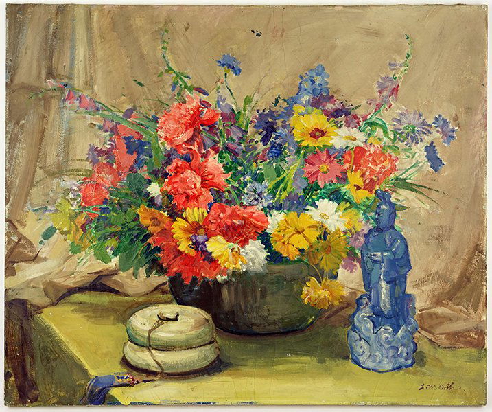 John William Orth (American, 1889-1976) Still Life with: John William Orth (American, 1889-1976) Still Life with Statue. Oil on canvas, signed lower right, stretched but unframed 25" x 30"