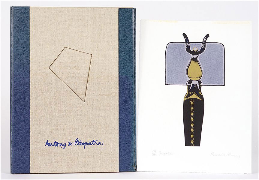 Ronald King (American, B. 1932) Antony and Cleopatra by: Ronald King (American, B. 1932) Antony and Cleopatra by William Shakespeare. Portfolio of numerous color lithographs with letterpress, dated 1979. One lithograph pencil signed by the artist and number