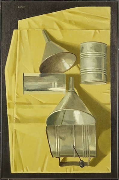 Len Gridley Everett (American, 1925-1984) Funnels,: Len Gridley Everett (American, 1925-1984) Funnels, Cans, and Sifter. Oil on canvas, signed upper left 30" x 20" Frame: 30.25" x 20.25"