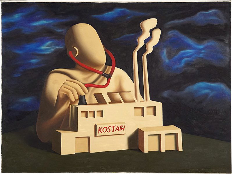 Kalev Mark Kostabi (American, B. 1960) Wax Factory.: Kalev Mark Kostabi (American, B. 1960) Wax Factory. Oil on canvas, signed at center, titled and dated 1989 en verso, stretched but unframed Canvas: 54" x 72"