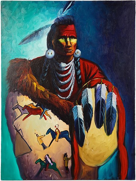 Raymond Nordwall (American, B. 1965) Crow War Leader.: Raymond Nordwall (American, B. 1965) Crow War Leader. Oil on canvas, signed upper right. Signed, dated 1993, and titled en verso. Stretched but unframed Canvas: 40" x 30"