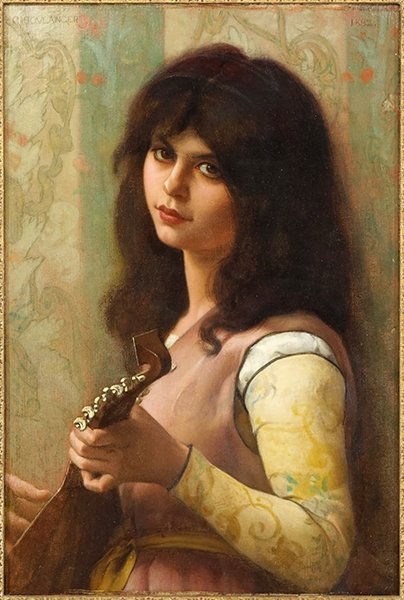 Gustave Boulanger (French, 1824-1888) Girl Playing the: Gustave Boulanger (French, 1824-1888) Girl Playing the Lute. Oil on canvas, signed upper left, dated 1882 upper right Canvas: 25" x 17" Frame: 30" x 22"