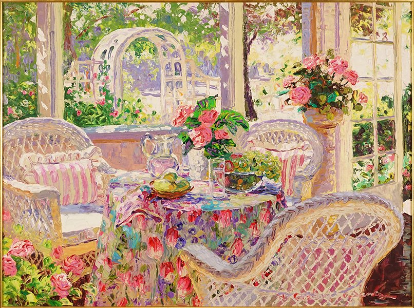 Henry Gordon Wang (American, B. 1959) The Sun Porch.: Henry Gordon Wang (American, B. 1959) The Sun Porch. Oil on canvas, signed lower right 30" x 40" Frame: 37.5" x 47.5"