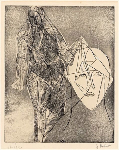 Germaine Richier (French, 1904-1959) Solome et la Tete: Germaine Richier (French, 1904-1959) Solome et la Tete de Jean. Etching and aquatint, circa 1960. Pencil signed lower right and numbered 160/220 9.75" x 7.75" Frame: 18" x 15"