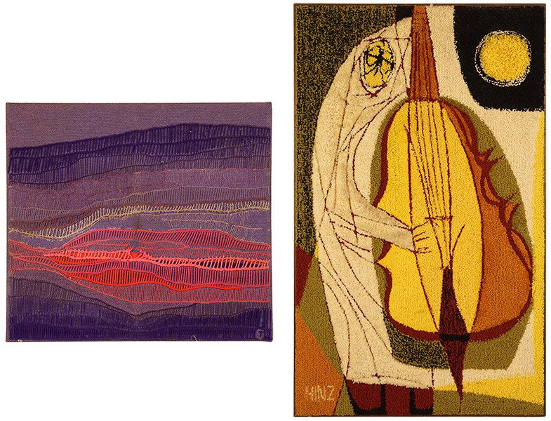 Bill Hinz (American, 20th Century) Cello Player.: Bill Hinz (American, 20th Century) Cello Player. Woven wall hanging dated to the 1950's, signed lower left. Together with a tapestry, initialed 'T' 37.5" x 22.5" Frame: 38.25" x 23.25"
