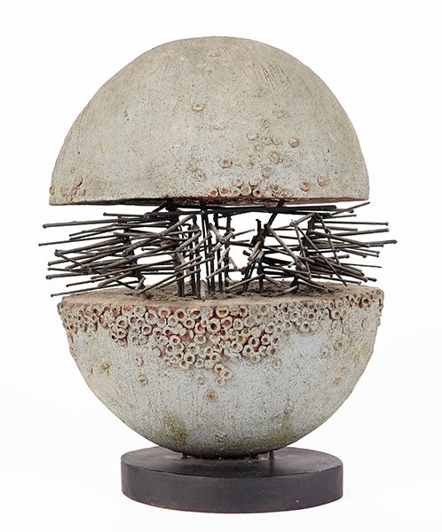 Rosemary Zwick (American, 1925-1995) Armored Halves.: Rosemary Zwick (American, 1925-1995) Armored Halves. Ceramic and welded bronze sculpture, dated to 1990, signed on base. Exhibited: Midwestern Sculpture Exhibition, South Bend Art Center, 1992 Height: