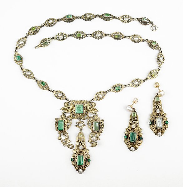 A Continental Emerald and Pearl Demi-Parure.: A Continental Emerald and Pearl Demi-Parure. Necklace and earring suite containing emerald, beryl, glass, and grey baroque style pearls. Necklace contains twelve links of bezel set emeralds and beryl,