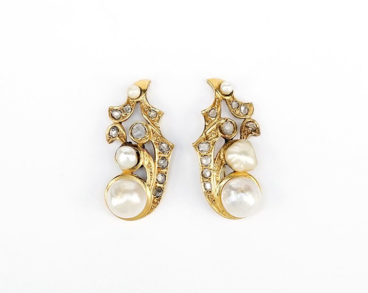 A Pair of Natural Pearl and Diamond Earrings. (1 of 1)