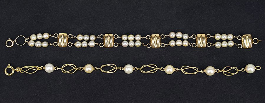 Two Cultured Pearl and Gold Link Bracelets.: Two Cultured Pearl and Gold Link Bracelets. Comprising an 18 karat yellow gold wire and cultured pearl (7.5mm) bracelet, and a 14 karat yellow gold link and cultured pearl (5mm) bracelet Wt of both: 2
